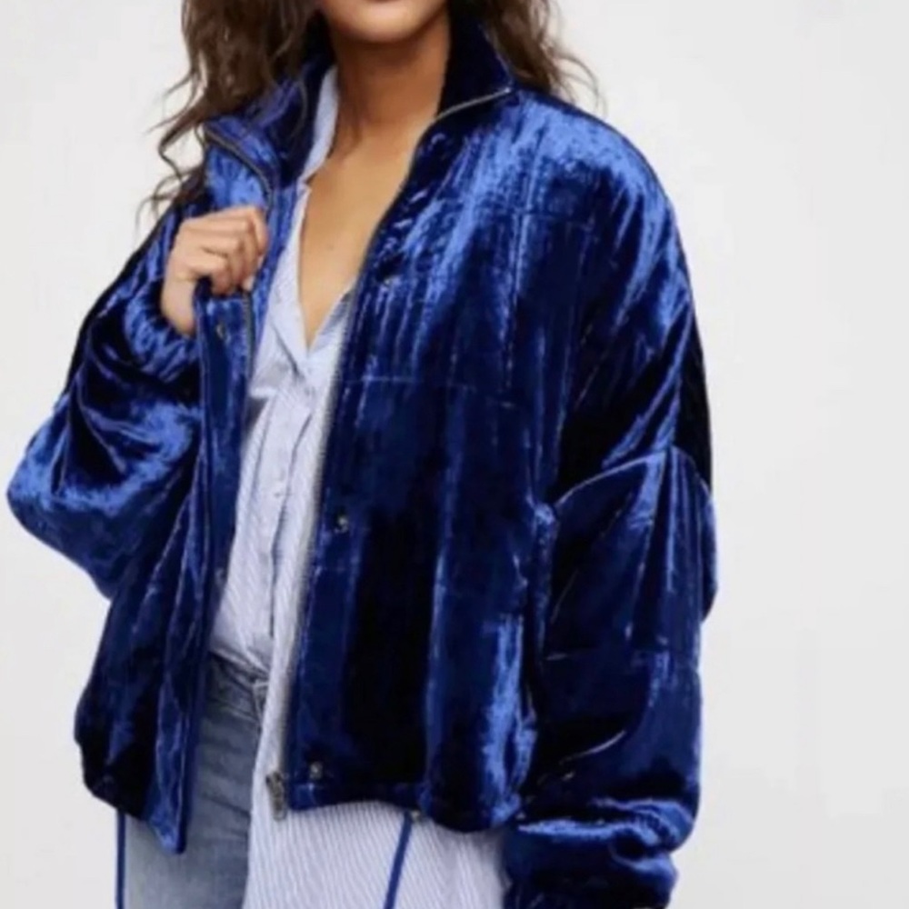 Free People Blue Velvet Bomber Jacket P/S Excellent Condition